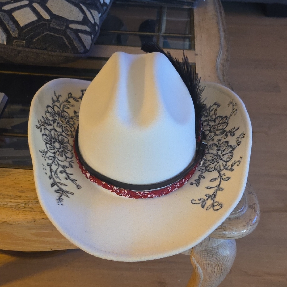 Embroidered White Cowboy Hat with Red Band